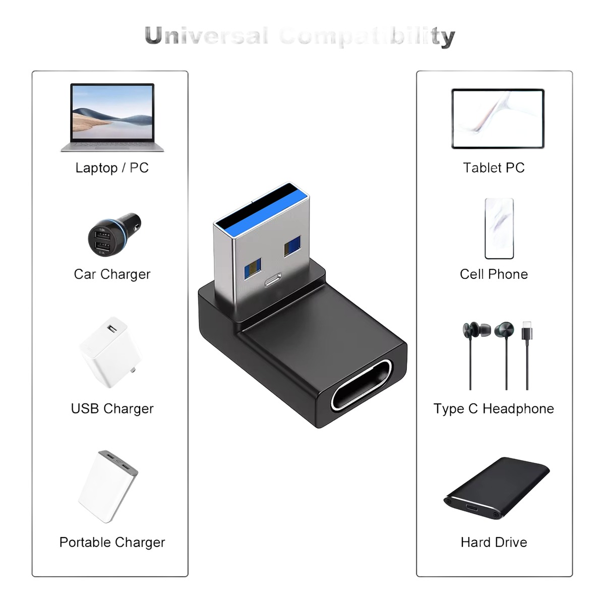 Adaptateur USB USB C coudé à 90 degrés pour ports encombrés Adaptateur USB USB C coudé à 90 degrés pour ports encombrés, vue de face