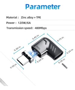 Adaptateur USB USB c magnetique coude a 120 watts, vue arriere
