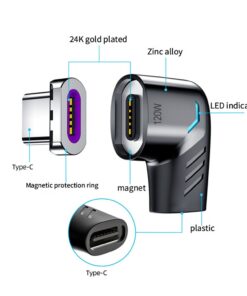 Adaptateur USB USB c magnétique coudé, charge 120 W, vue de trois quarts