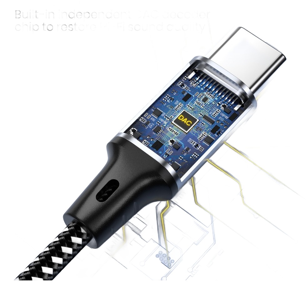 Adaptateur USB USB C vers jack 3,5 mm, puce audio intégrée Adaptateur USB USB C vers jack 3,5 mm, puce audio intégrée, vue de trois quarts