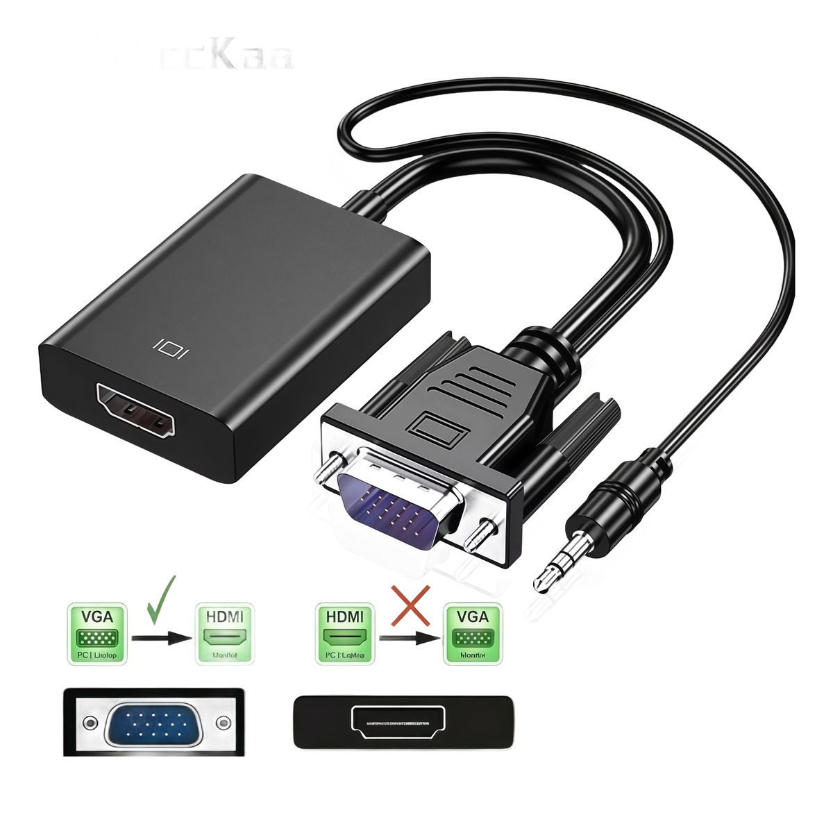 Adaptateur VGA vers HDMI 1080p avec entrée audio Adaptateur VGA vers HDMI 1080p avec entrée audio, vue de face