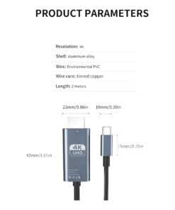 Câble adaptateur USB-C vers HDMI 4K, 2 mètres tressé, vue de face