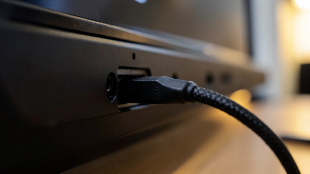 Connecteur HDMI tresse enfonce dans le port arriere d un televiseur