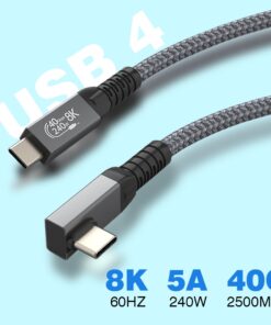 Câble USB-C coudé à 90 degrés, USB4 et 240 W, vue de trois quarts