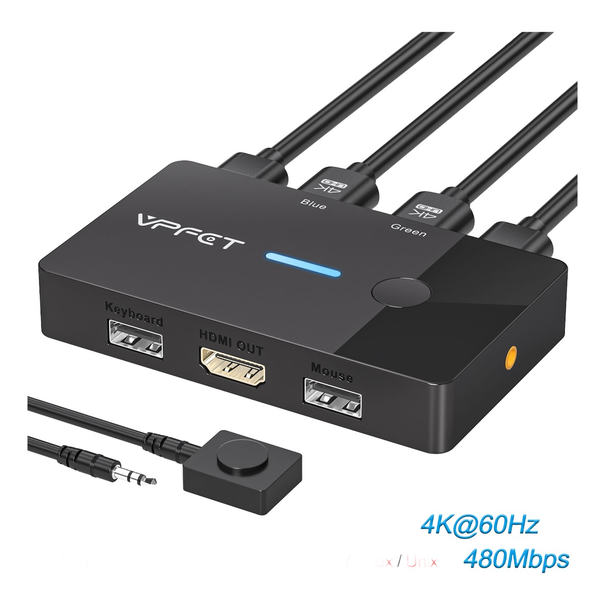 Commutateur KVM HDMI 4K, deux ordinateurs sur un écran Commutateur KVM HDMI 4K, deux ordinateurs sur un écran, vue de trois quarts
