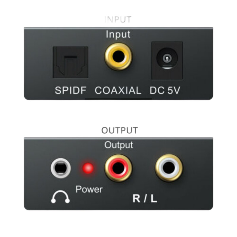 Convertisseur optique RCA et coaxial avec sortie casque 3,5 mm Convertisseur optique RCA et coaxial avec sortie casque 3,5 mm, vue de trois quarts