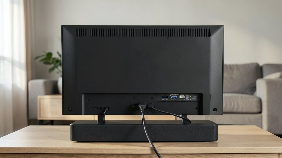 HDMI ARC, c'est quoi : un câble HDMI branché à l'arrière d'un téléviseur relié à une barre de son