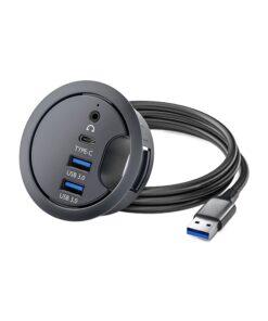 Hub USB 3.0 de bureau 5 en 1 avec lecteur de cartes et jack, vue de trois quarts