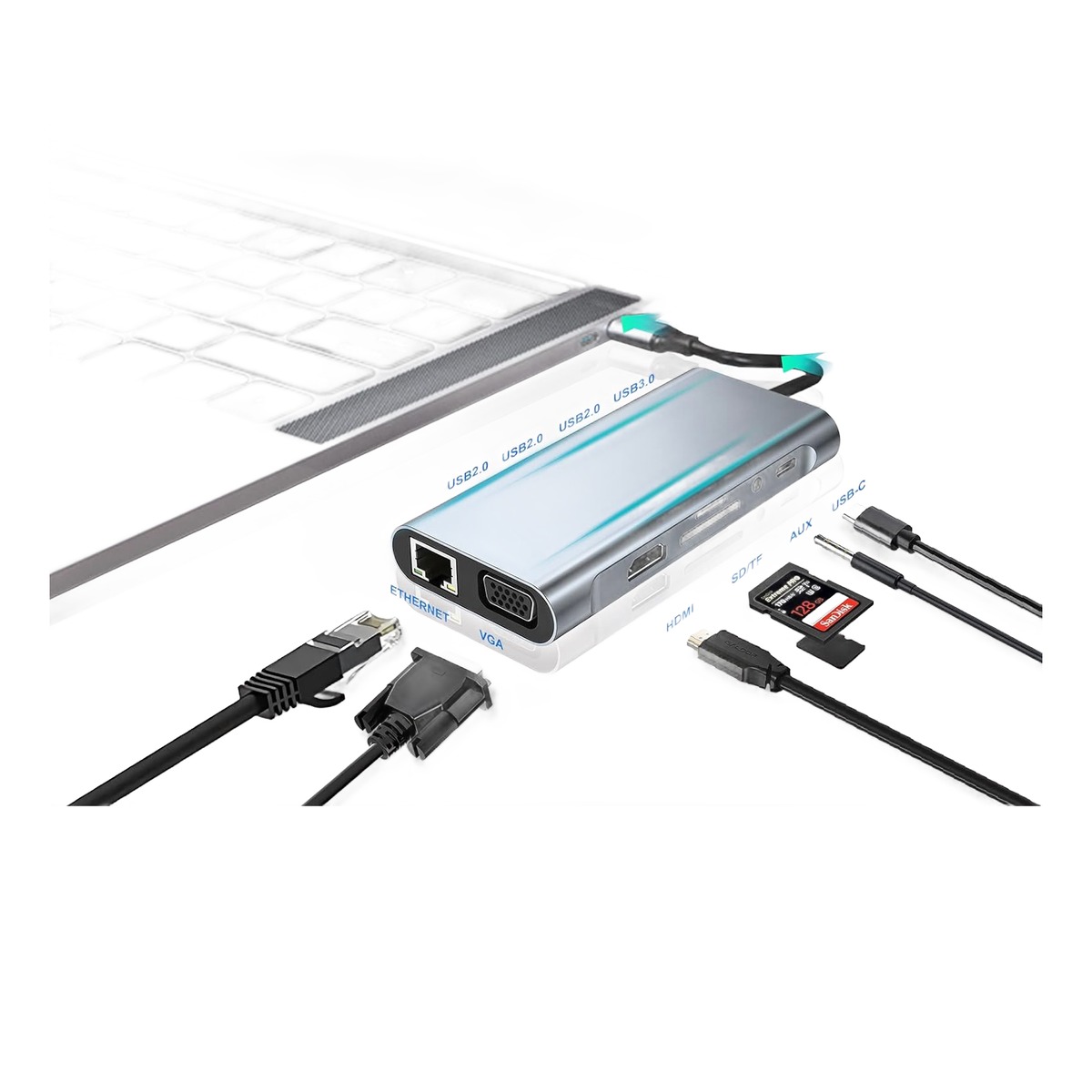 Hub USB C 11 en 1 avec HDMI 4K, VGA, RJ45 et lecteur de cartes Hub USB C 11 en 1 avec HDMI 4K, VGA, RJ45 et lecteur de cartes, vue principale