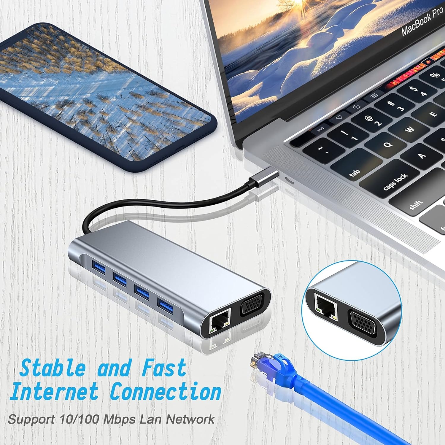 Hub USB C 11 en 1 avec HDMI 4K, VGA, RJ45 et lecteur de cartes Hub USB C 11 en 1 avec HDMI 4K, VGA, RJ45 et lecteur de cartes, vue de trois quarts