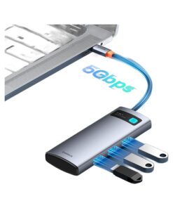 Hub USB C 7 en 1 : HDMI 4K 60 Hz, trois USB, lecteur SD et recharge, vue de trois quarts