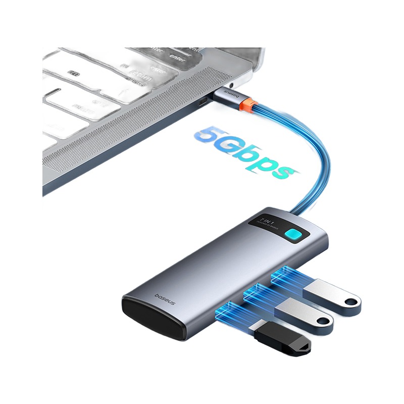 Hub USB C 7 en 1 : HDMI 4K 60 Hz, trois USB, lecteur SD et recharge Hub USB C 7 en 1 : HDMI 4K 60 Hz, trois USB, lecteur SD et recharge, vue de trois quarts