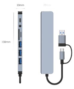 Hub USB-C 8 en 2 avec lecteur de cartes et sortie audio, vue de trois quarts