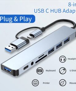 Hub USB-C 8 en 2 avec lecteur de cartes et sortie audio, vue de face