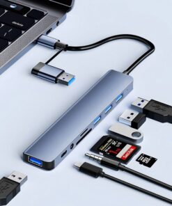 Hub USB-C 8 en 2 avec lecteur de cartes et sortie audio, vue arriere