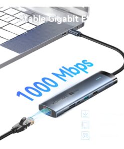 Hub USB-C 9 en 1 en métal, HDMI 4K et Ethernet, vue de trois quarts