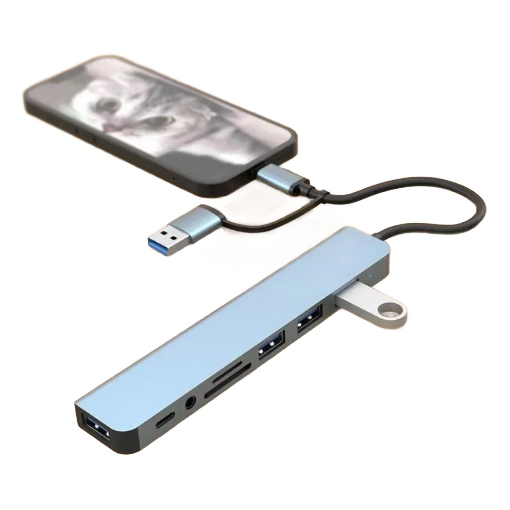 Hub USB C à double prise, lecteur de cartes et sortie jack Hub USB C à double prise, lecteur de cartes et sortie jack, vue principale