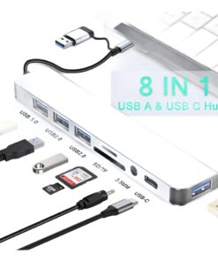 Hub USB C à double prise, lecteur de cartes et sortie jack, vue de trois quarts