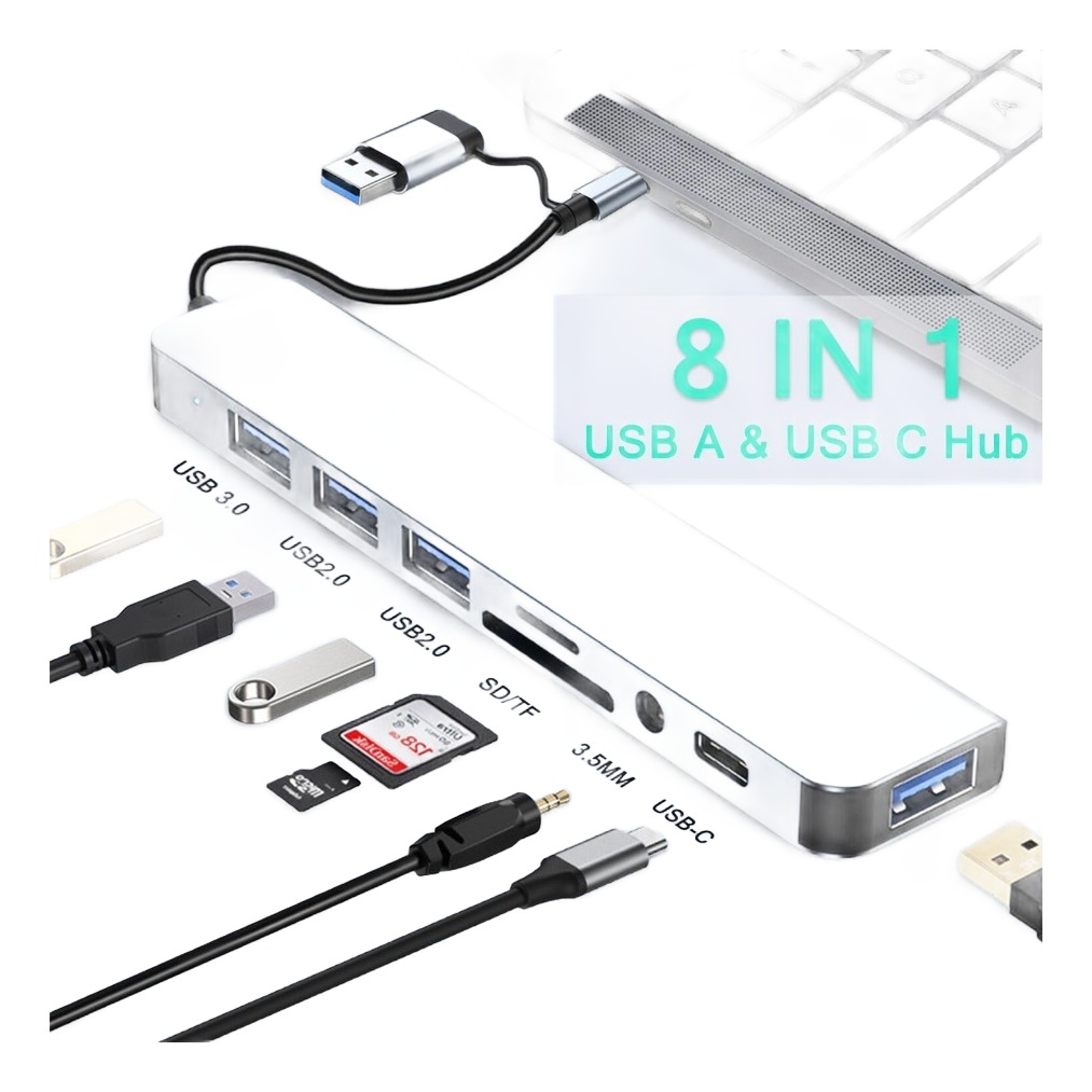 Hub USB C à double prise, lecteur de cartes et sortie jack Hub USB C à double prise, lecteur de cartes et sortie jack, vue de trois quarts