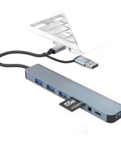 Hub USB C à double prise, lecteur de cartes et sortie jack, vue de face