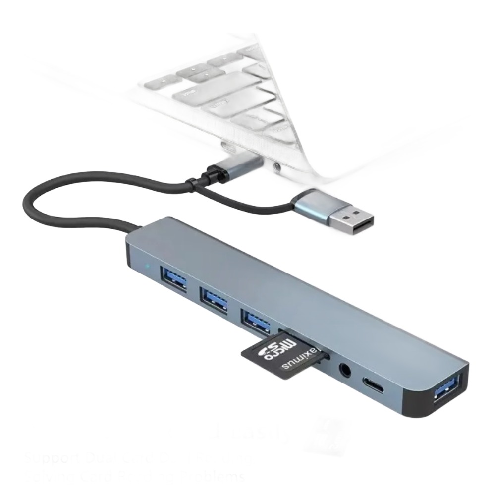 Hub USB C à double prise, lecteur de cartes et sortie jack Hub USB C à double prise, lecteur de cartes et sortie jack, vue de face