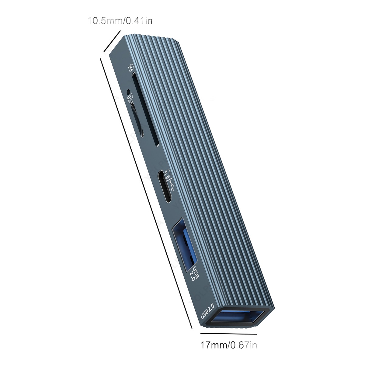 Hub USB C avec lecteur de carte SD et micro SD Hub USB C avec lecteur de carte SD et micro SD, vue de trois quarts