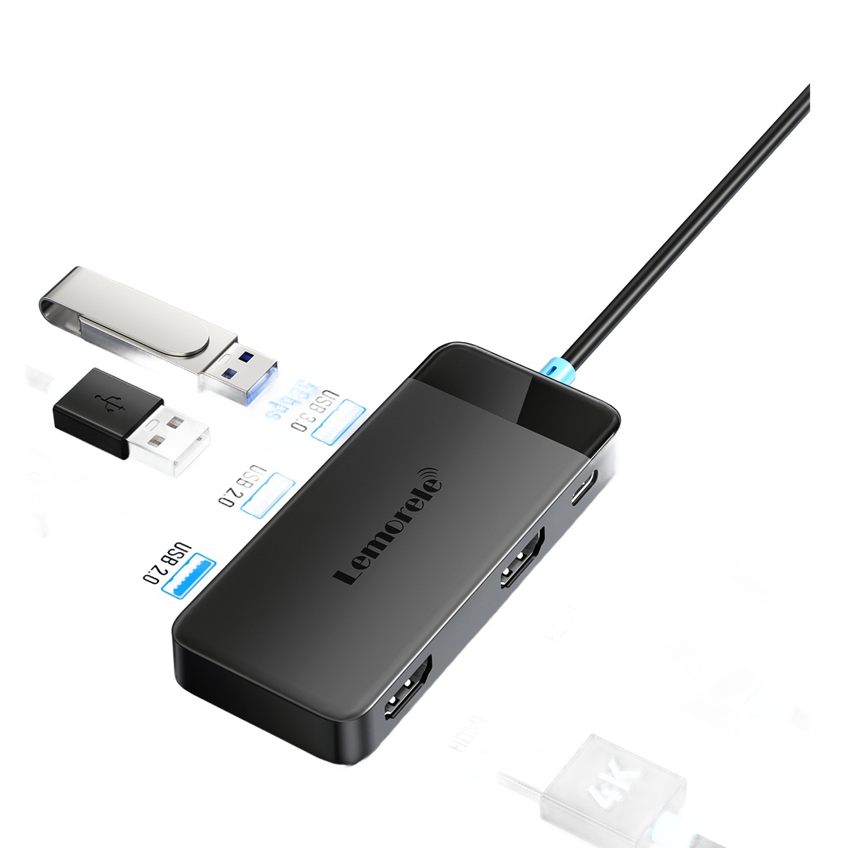 Hub USB C double HDMI 4K avec charge 100 W et ports USB 3.0 Hub USB C double HDMI 4K avec charge 100 W et ports USB 3.0, vue de trois quarts