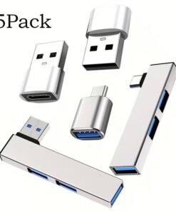Hub USB c et cinq adaptateurs vers prise, vue de trois quarts