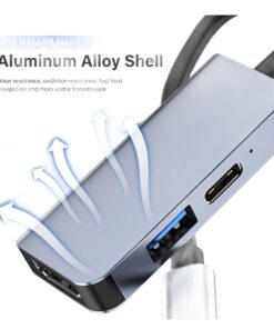 Hub USB C multiport : sortie HDMI, port USB et recharge, aluminium, vue principale