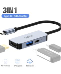 Hub USB C multiport : sortie HDMI, port USB et recharge, aluminium, vue de trois quarts