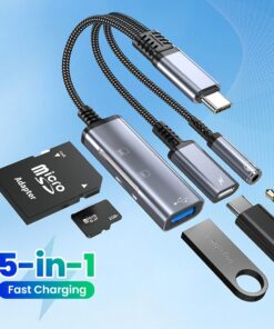 Hub USB C OTG 5 en 1 avec charge et lecteur de cartes, vue principale