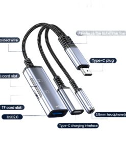 Hub USB C OTG 5 en 1 avec charge et lecteur de cartes, vue de trois quarts