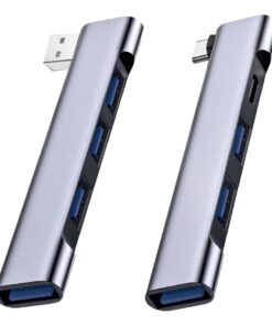 Hub USB C quatre ports en metal, format de voyage, vue de trois quarts