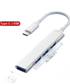 Hub USB C quatre ports, prise type C ou USB A au choix, vue de trois quarts