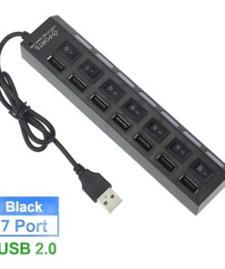 Hub USB C sept ports USB 2.0, extension de poste, vue de trois quarts