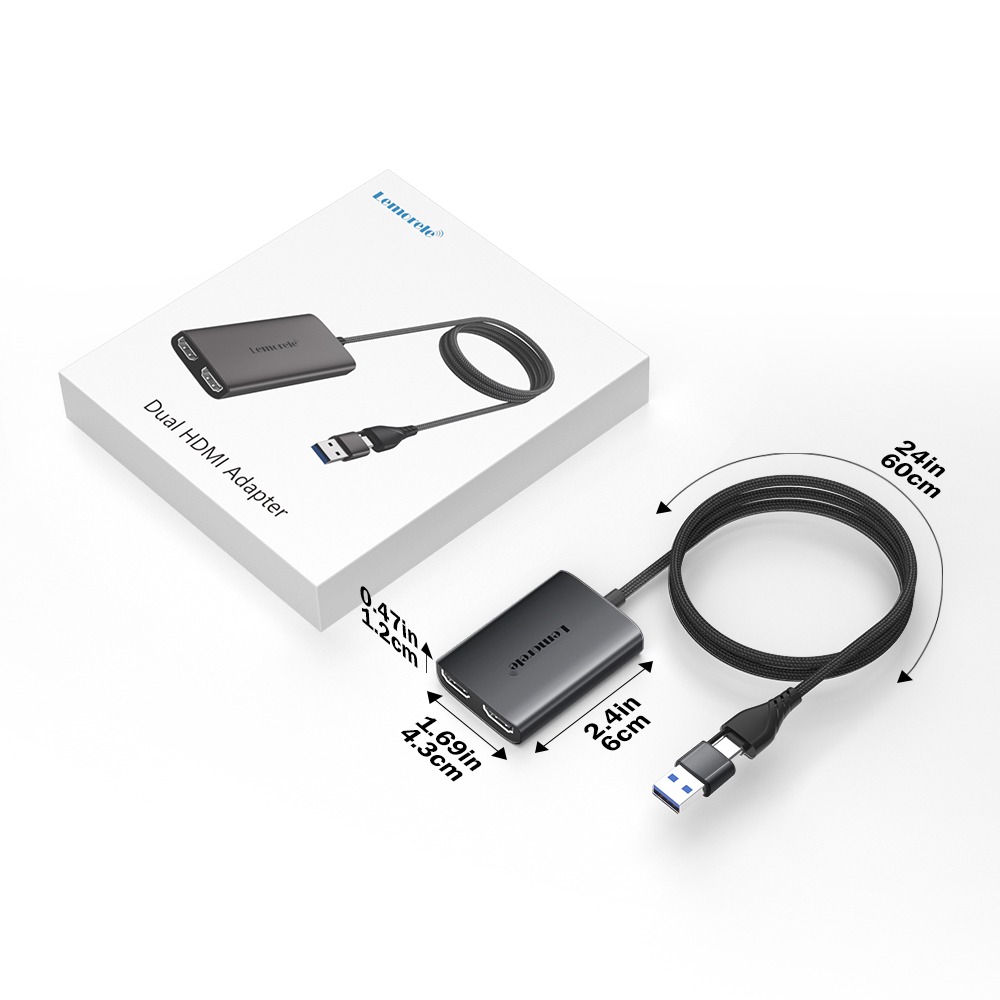 Hub USB c vers double HDMI, deux écrans en affichage étendu Hub USB c vers double HDMI, deux écrans en affichage étendu, vue de trois quarts