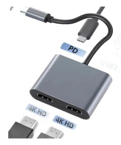 Hub USB C vers HDMI 4K, version 2 en 1 ou 4 en 1 à deux écrans, vue de trois quarts