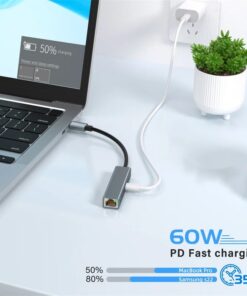 Hub USB C vers RJ45 2 en 1 avec charge rapide 60 W, detail