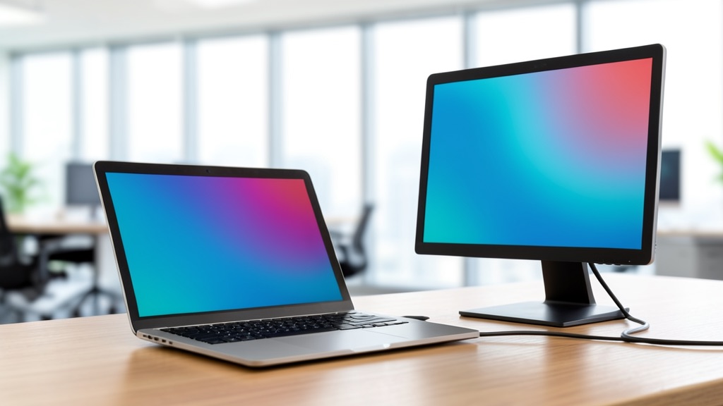 Ordinateur portable sur un bureau relie par un cable a un moniteur externe