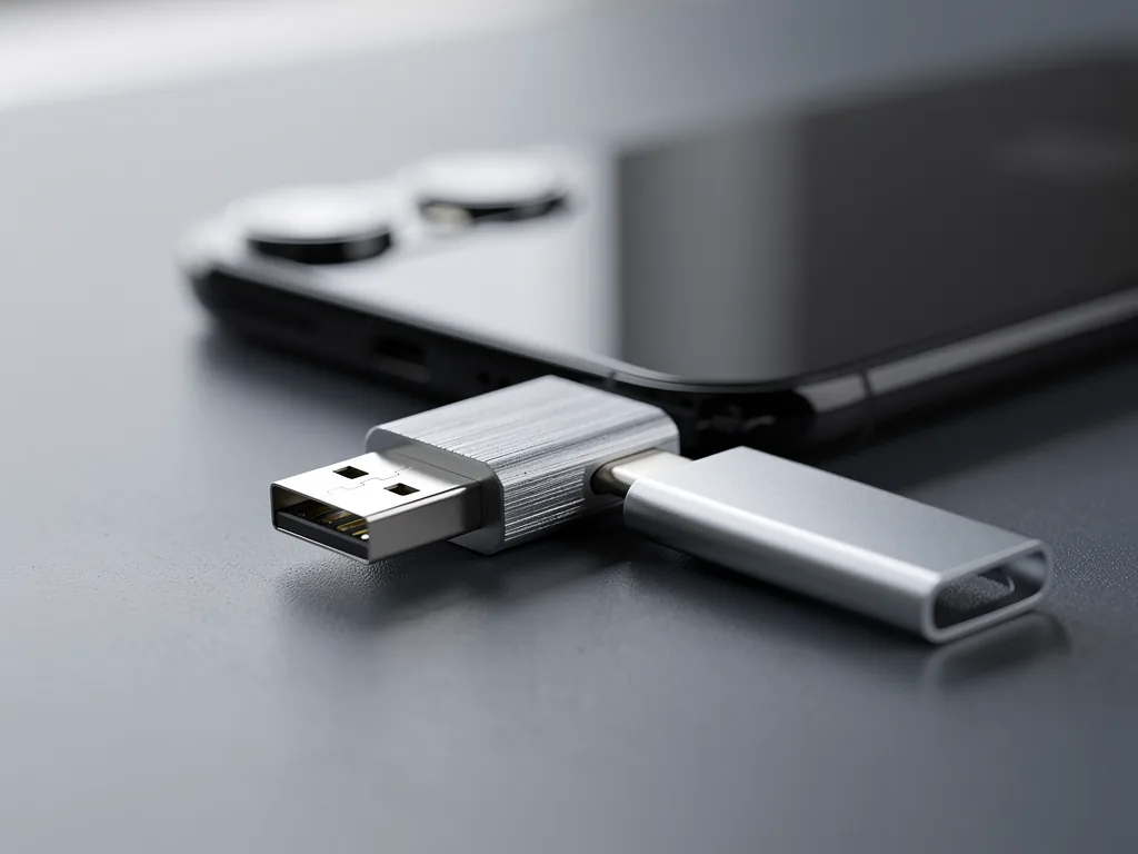 OTG, c est quoi : un adaptateur USB OTG relie a une cle USB devant un smartphone