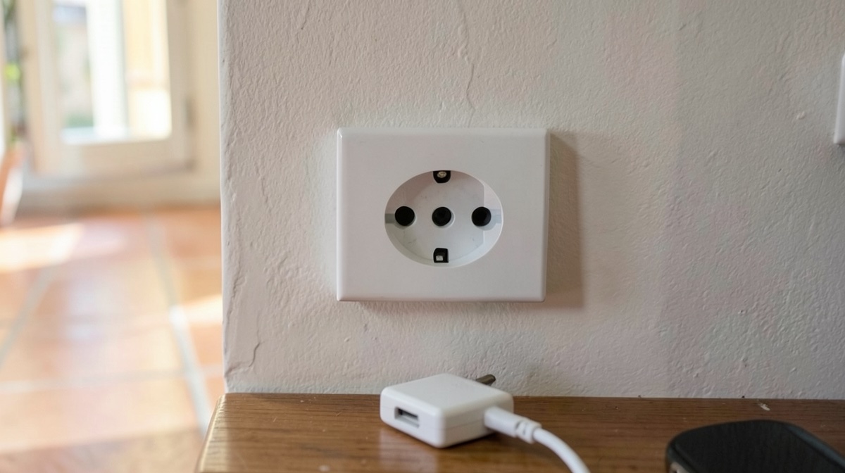 Prise italienne murale à trois trous alignés, avec un chargeur et un adaptateur posés dessous