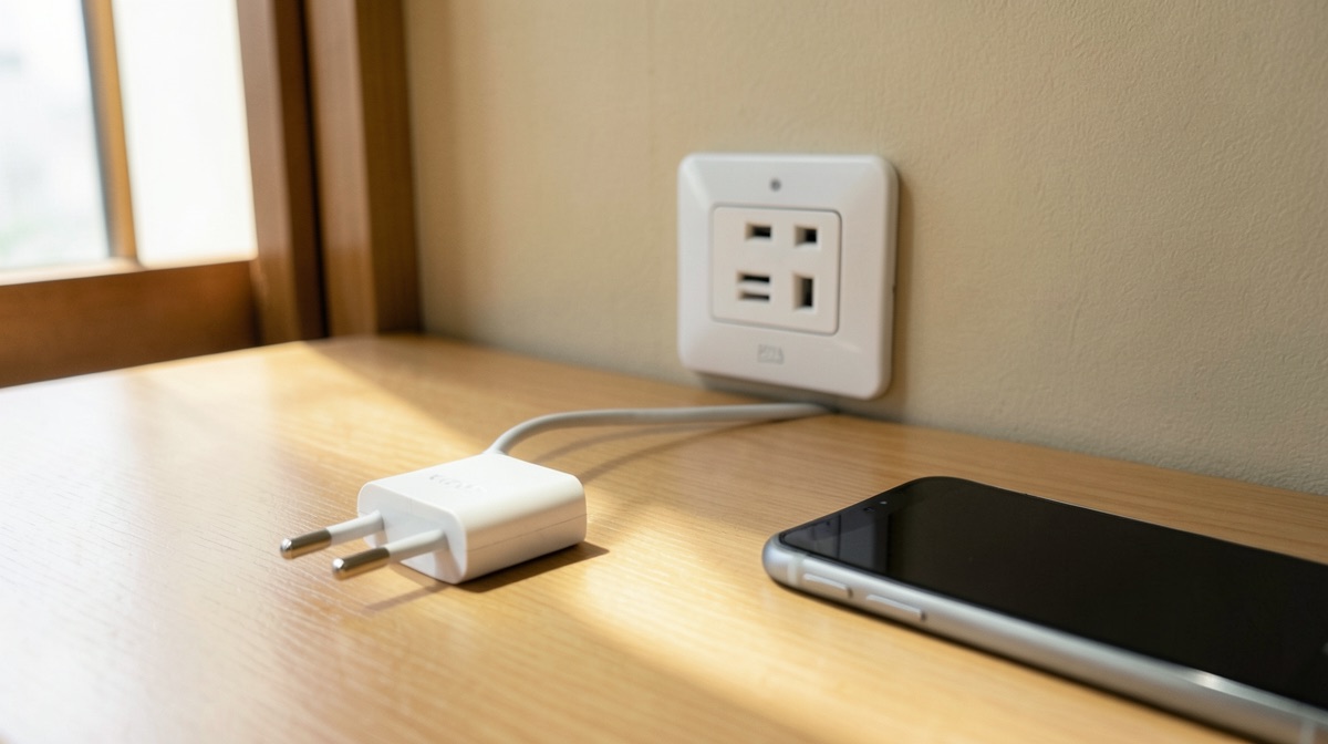 Prise japon murale à deux fentes plates dans une chambre d'hôtel, avec un chargeur européen et un téléphone posés sur le bureau