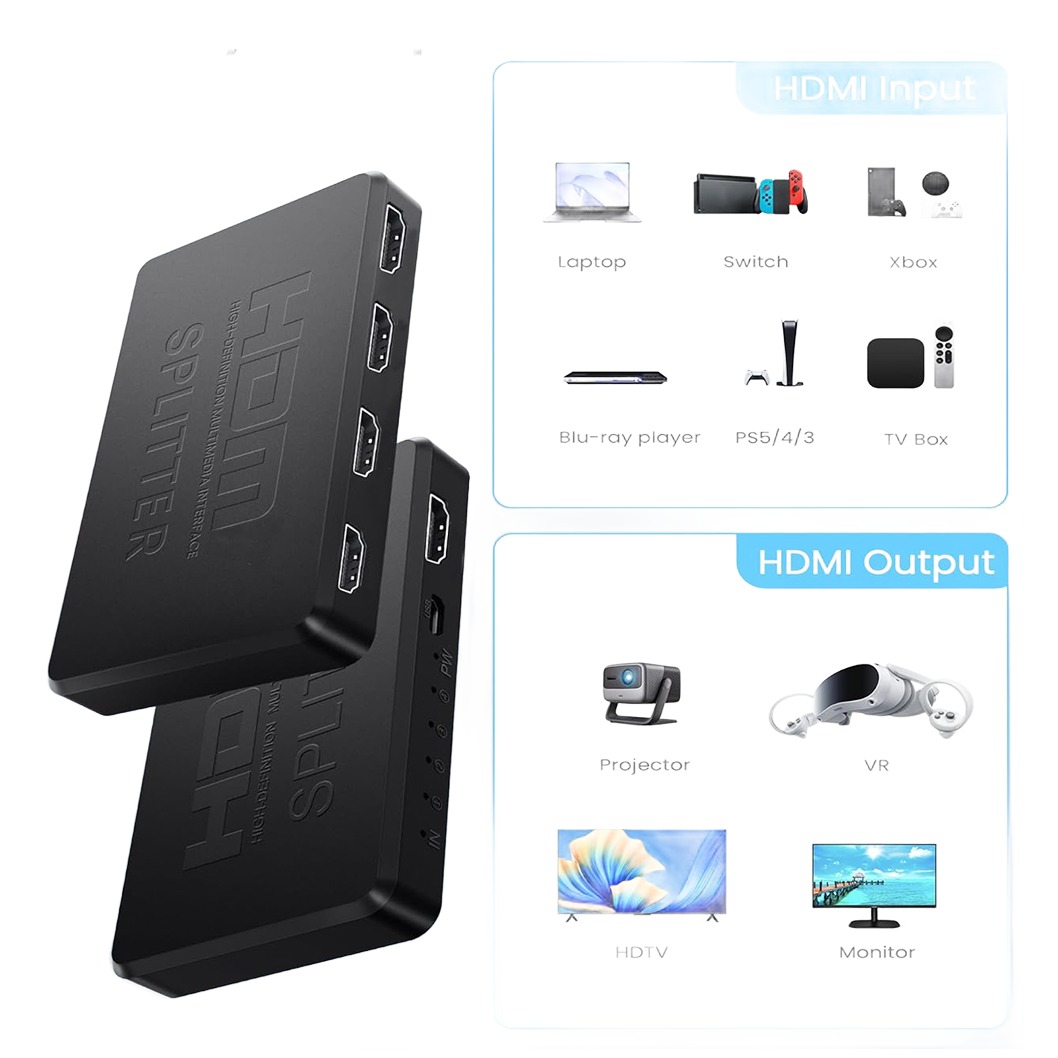 Splitter HDMI 4K à une entrée pour deux ou quatre écrans Splitter HDMI 4K à une entrée pour deux ou quatre écrans, vue de trois quarts