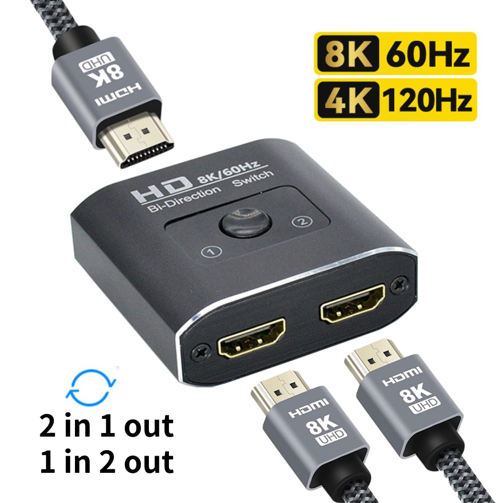Splitter HDMI 8K bidirectionnel, 2 ports, versions 4K ou 8K Splitter HDMI 8K bidirectionnel, 2 ports, versions 4K ou 8K, vue de face