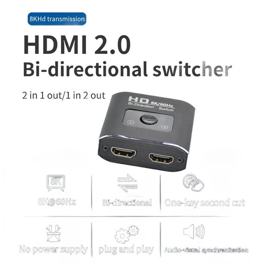 Splitter HDMI 8K bidirectionnel, 2 ports, versions 4K ou 8K Splitter HDMI 8K bidirectionnel, 2 ports, versions 4K ou 8K, detail