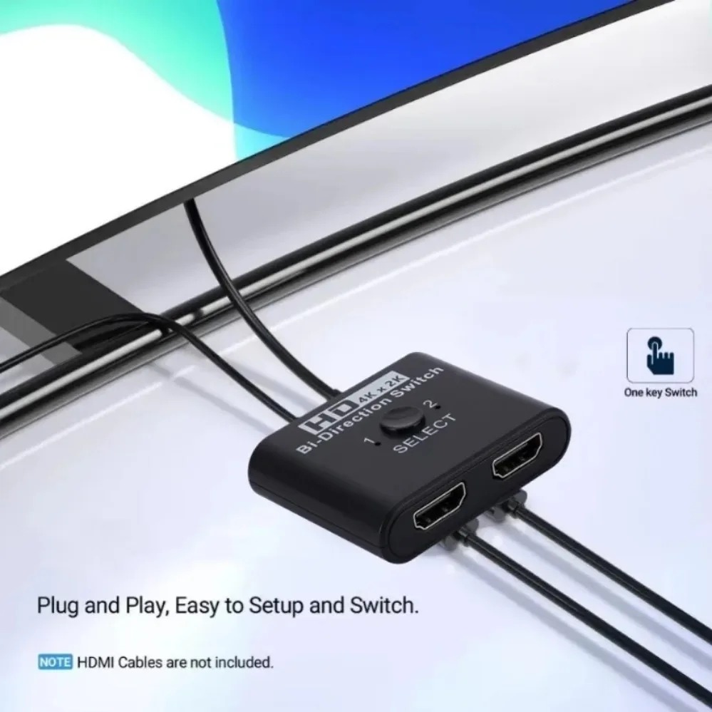 Splitter HDMI bidirectionnel à bouton, deux ports, 4K annoncée Splitter HDMI bidirectionnel à bouton, deux ports, 4K annoncée, vue de trois quarts