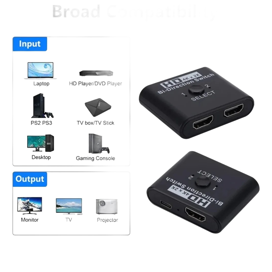 Splitter HDMI bidirectionnel à bouton, deux ports, 4K annoncée Splitter HDMI bidirectionnel à bouton, deux ports, 4K annoncée, vue de face