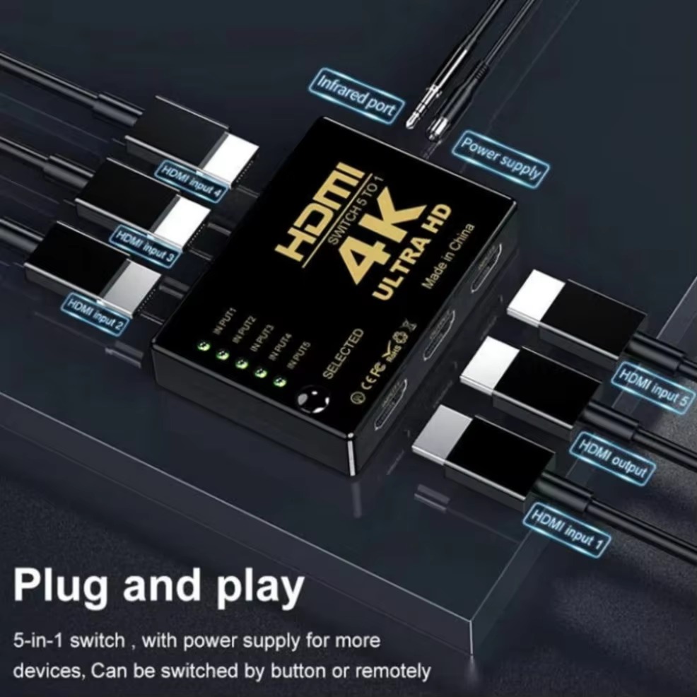 Splitter HDMI cinq entrées avec télécommande infrarouge Splitter HDMI cinq entrées avec télécommande infrarouge, vue de trois quarts