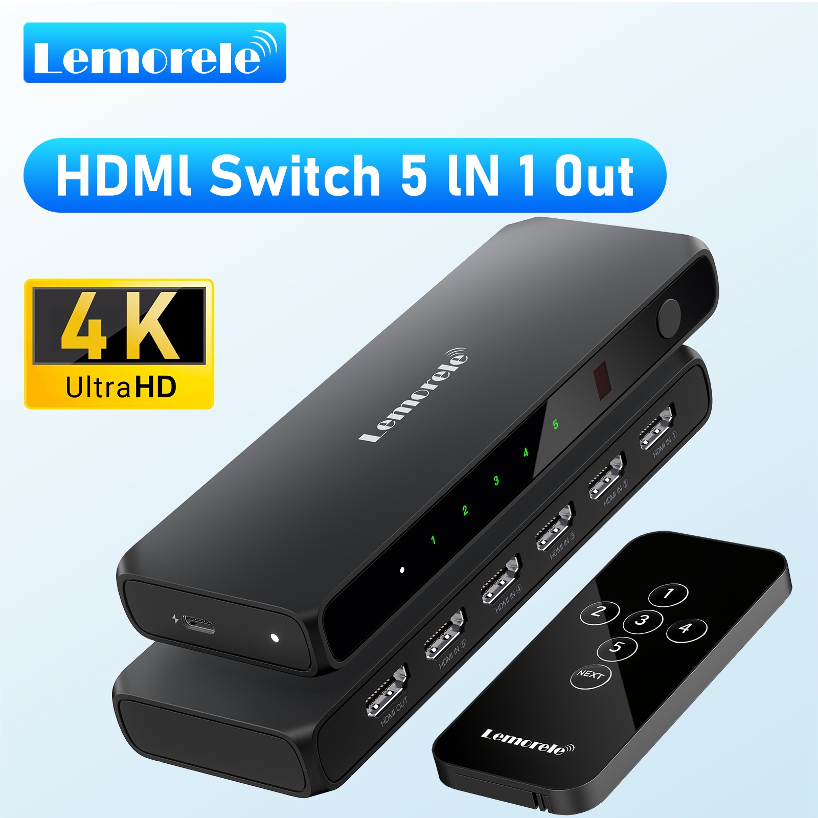 Splitter HDMI commutateur trois ou cinq entrées, 4K Splitter HDMI commutateur trois ou cinq entrées, 4K, vue de trois quarts
