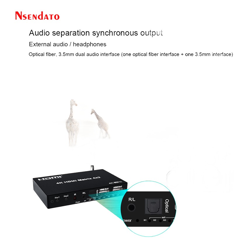 Splitter HDMI matrice 4×2, 4 sources et 2 écrans Splitter HDMI matrice 4x2, 4 sources et 2 écrans, vue de trois quarts